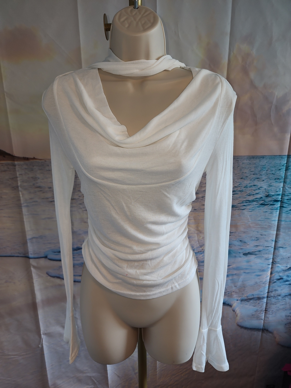 COMMENSE White Cowl Neck Long-Sleeve Women's Top